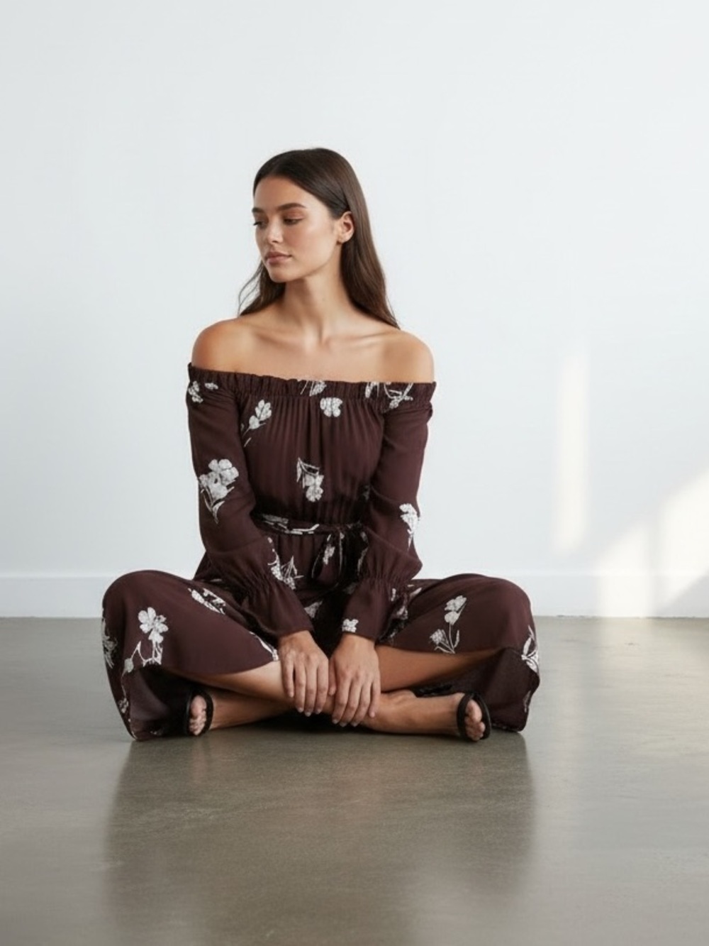 Off-Shoulder Brown Floral Midi Dress with Tie Waist - Picture 4 of 5